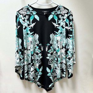 Alfani Petite Black Floral Kimono Sleeve Asymmetric Blouse Tunic Top Size PM